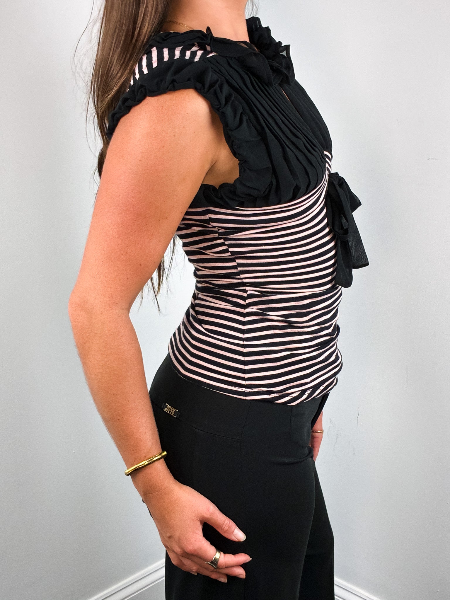 Fornarina 2000s Black & Pink Striped Bow-Front Top - S/M