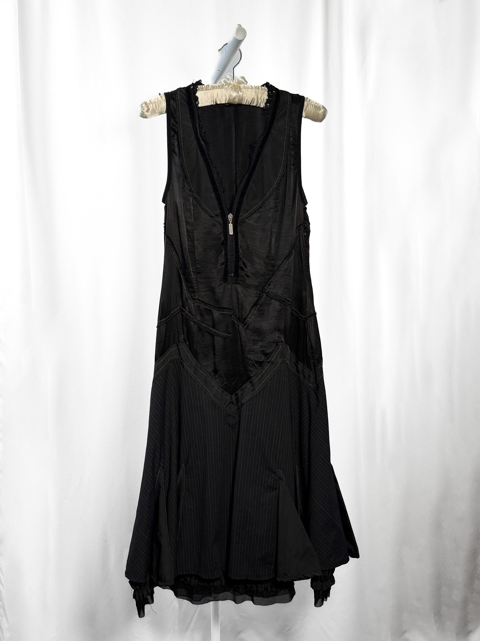 SottoMarino 2000s Black Deconstructed Satin Pinstripe Ruffle Hem Midi Dress - M/L