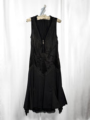 SottoMarino 2000s Black Deconstructed Satin Pinstripe Ruffle Hem Midi Dress - M/L