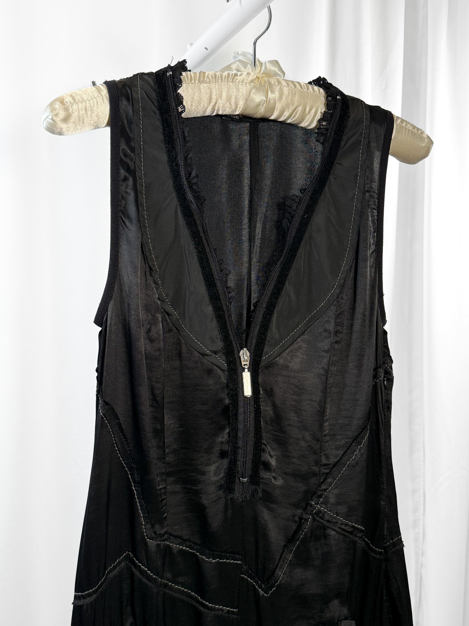 SottoMarino 2000s Black Deconstructed Satin Pinstripe Ruffle Hem Midi Dress - M/L