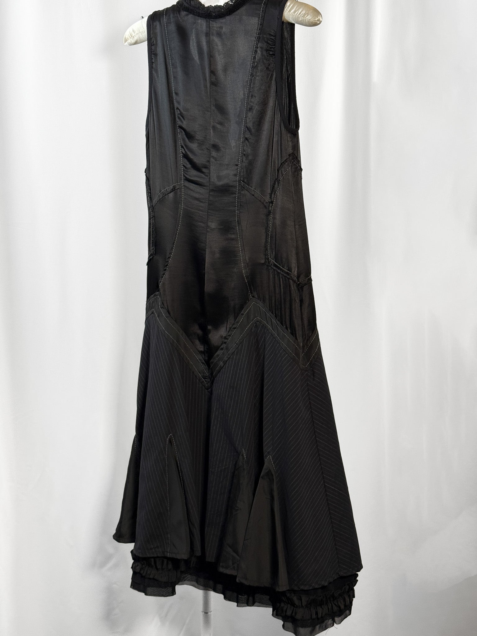 SottoMarino 2000s Black Deconstructed Satin Pinstripe Ruffle Hem Midi Dress - M/L