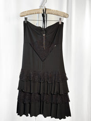 Motivi 2000s Black Lace Tiered Ruffle Strapless Halter Mini Dress - S/M