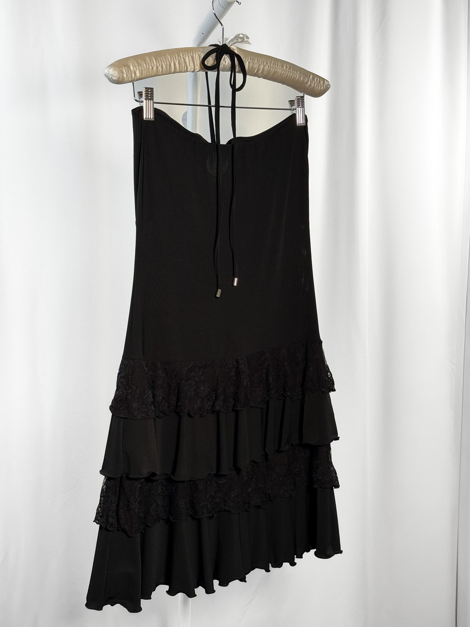 Motivi 2000s Black Lace Tiered Ruffle Strapless Halter Mini Dress - S/M