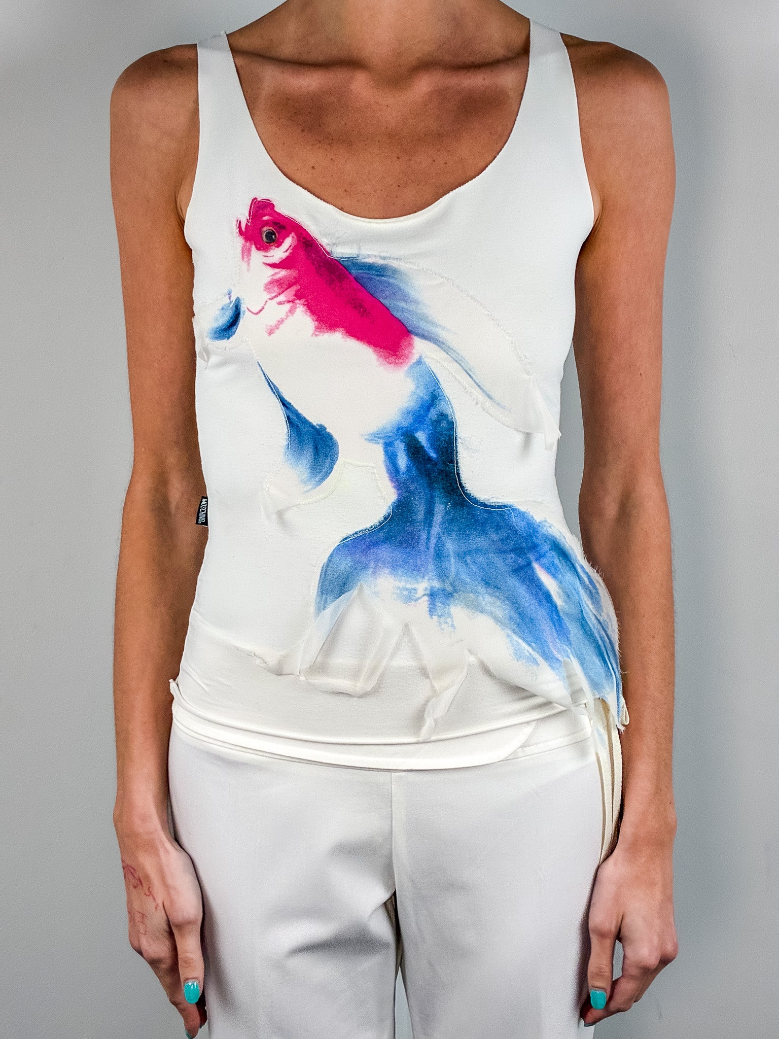 Moschino Jeans 2000s Cream Watercolor Goldfish Print Appliqué Tank - XS/S