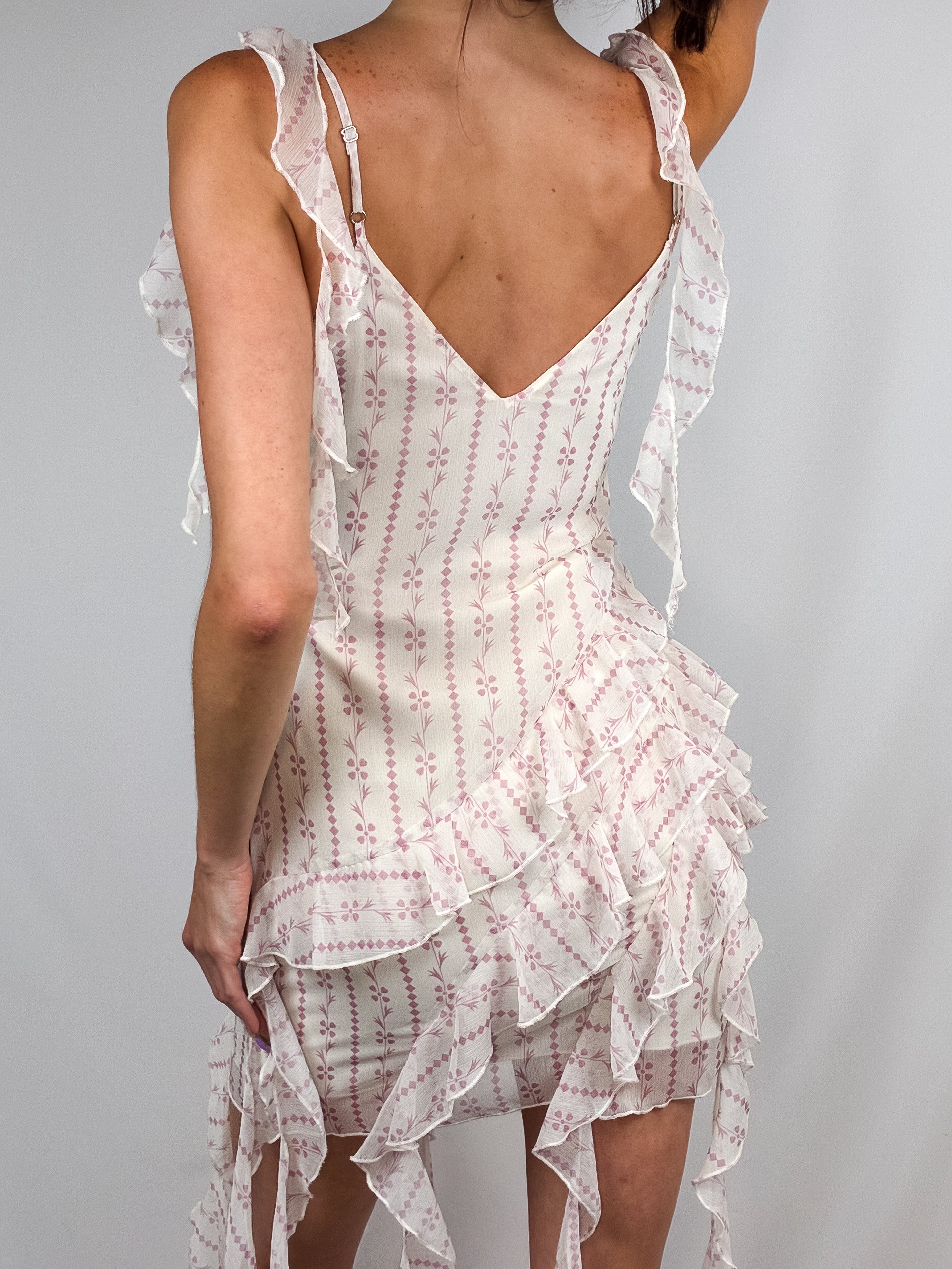 2000s Floral Print Tiered Ruffle Chiffon Mini Dress - S