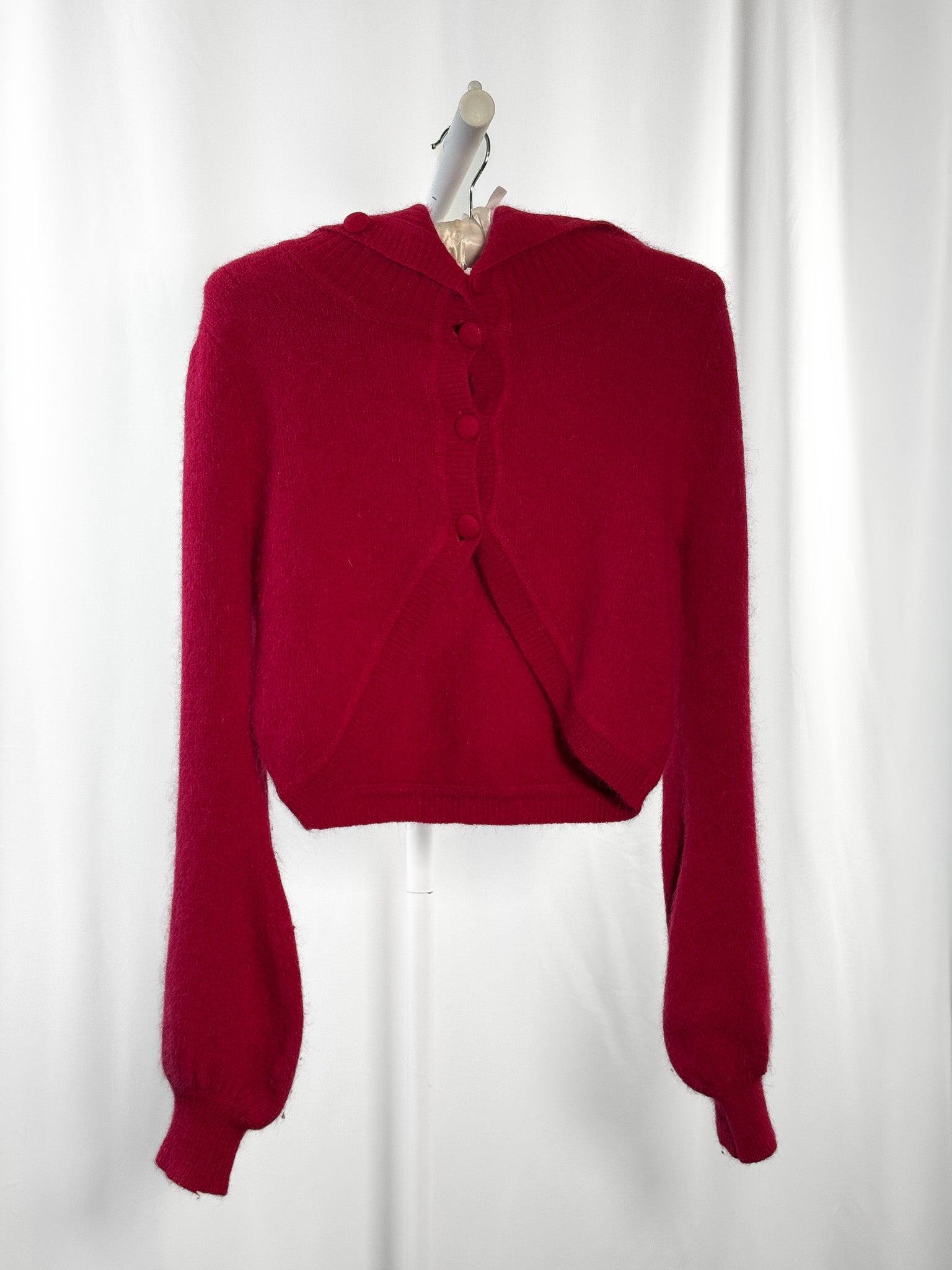 Mad Jude 2000s Red Angora Scalloped Button Cropped Cardigan - S/M