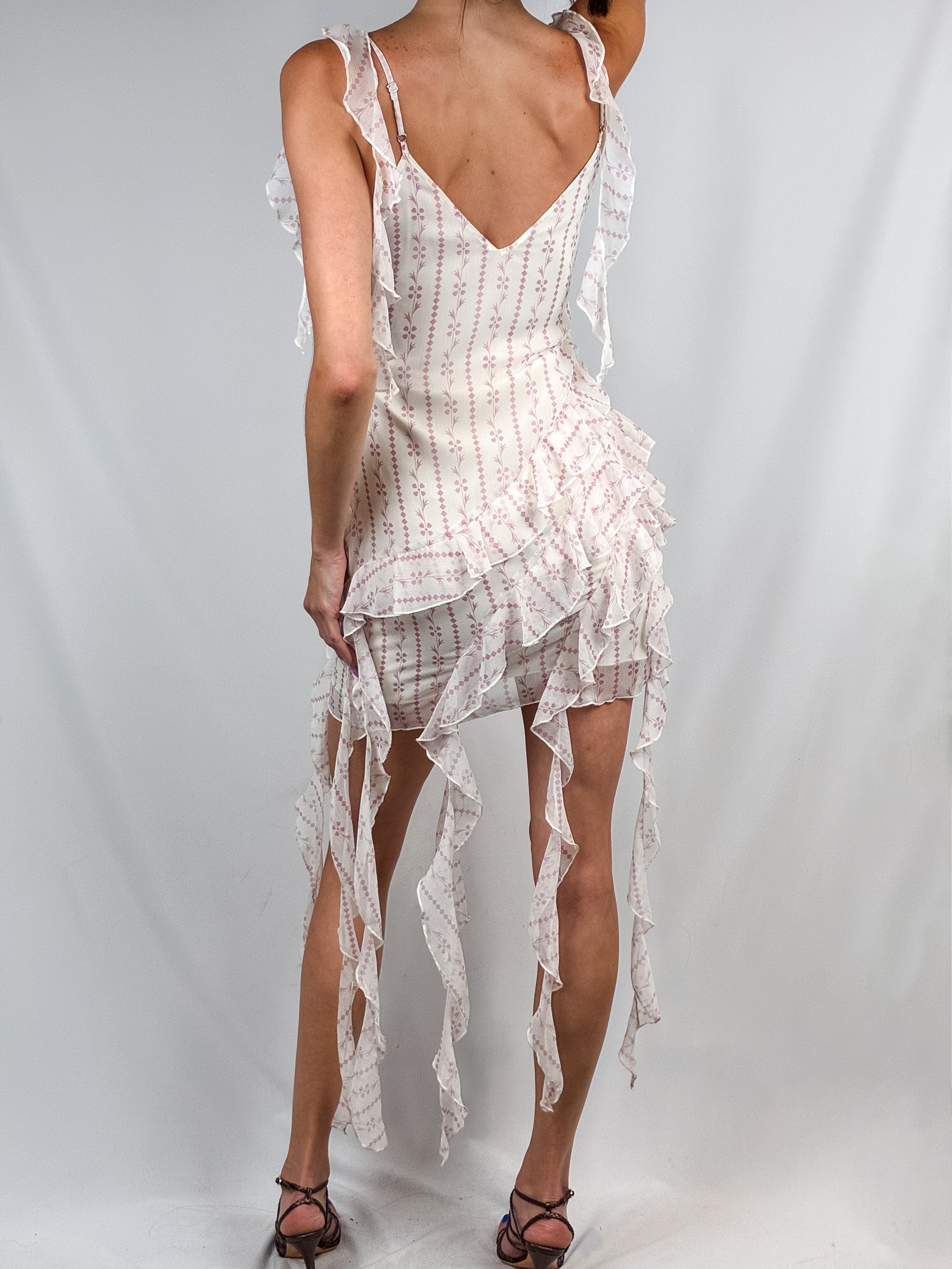 2000s Floral Print Tiered Ruffle Chiffon Mini Dress - S