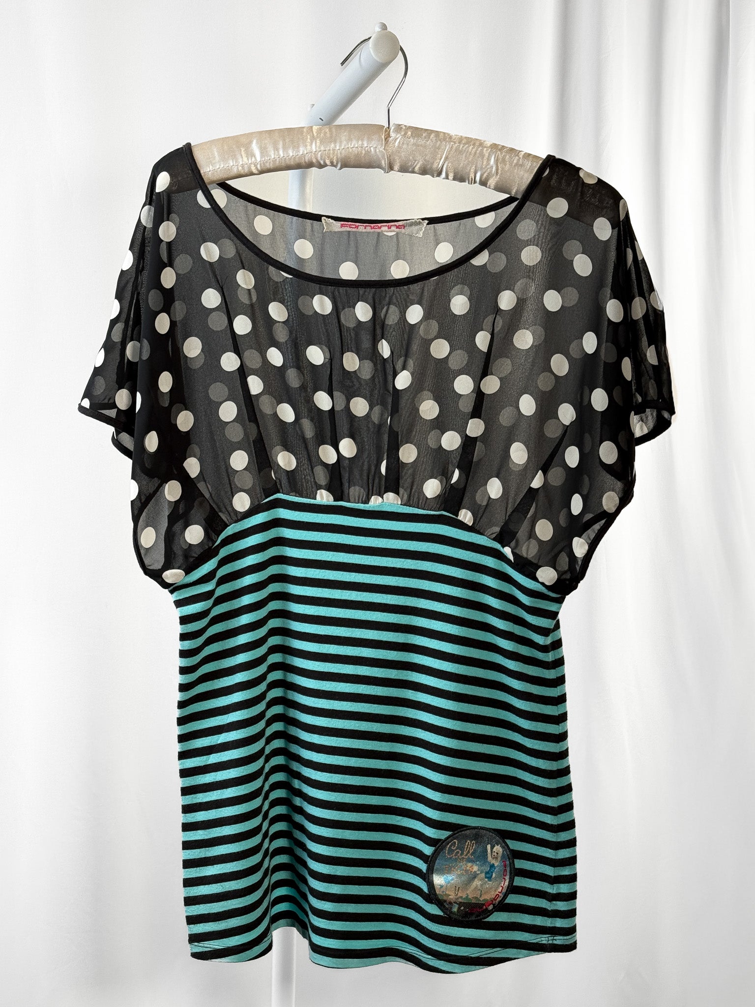 Fornarina 2000s Black Turquoise Sheer Polka Dot Striped Top - M/L
