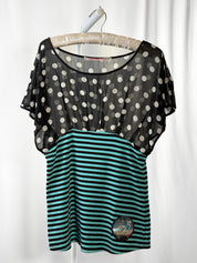 Fornarina 2000s Black Turquoise Sheer Polka Dot Striped Top - M/L