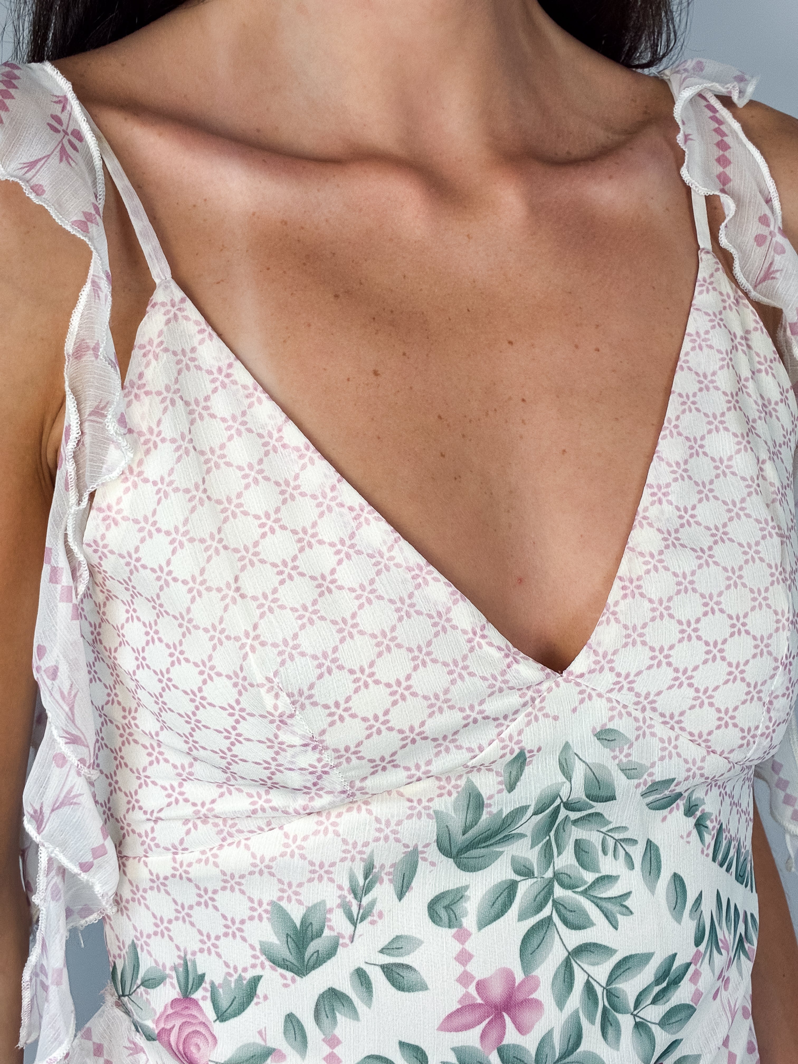 2000s Floral Print Tiered Ruffle Chiffon Mini Dress - S