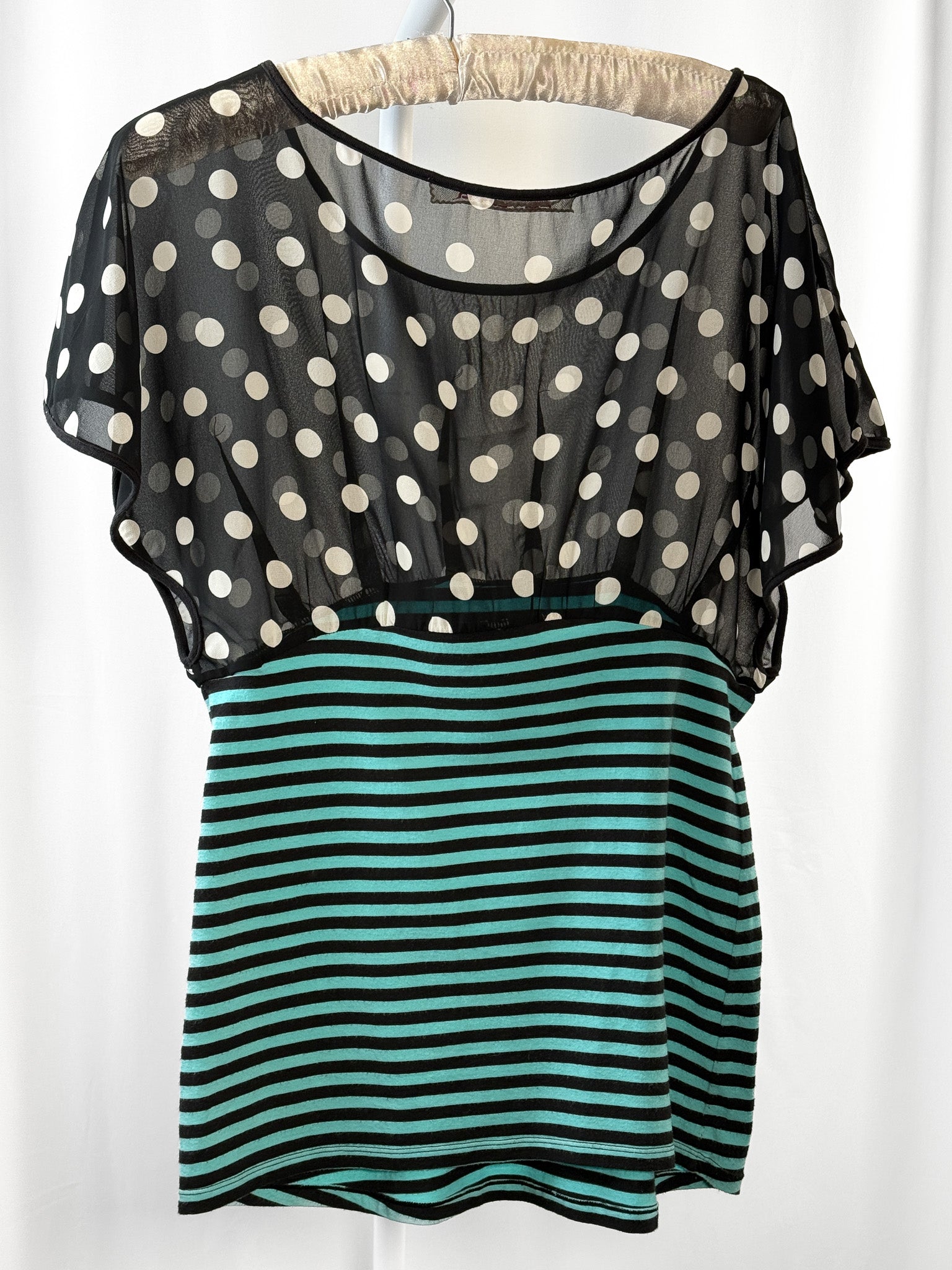Fornarina 2000s Black Turquoise Sheer Polka Dot Striped Top - M/L