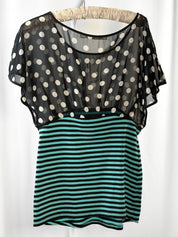 Fornarina 2000s Black Turquoise Sheer Polka Dot Striped Top - M/L