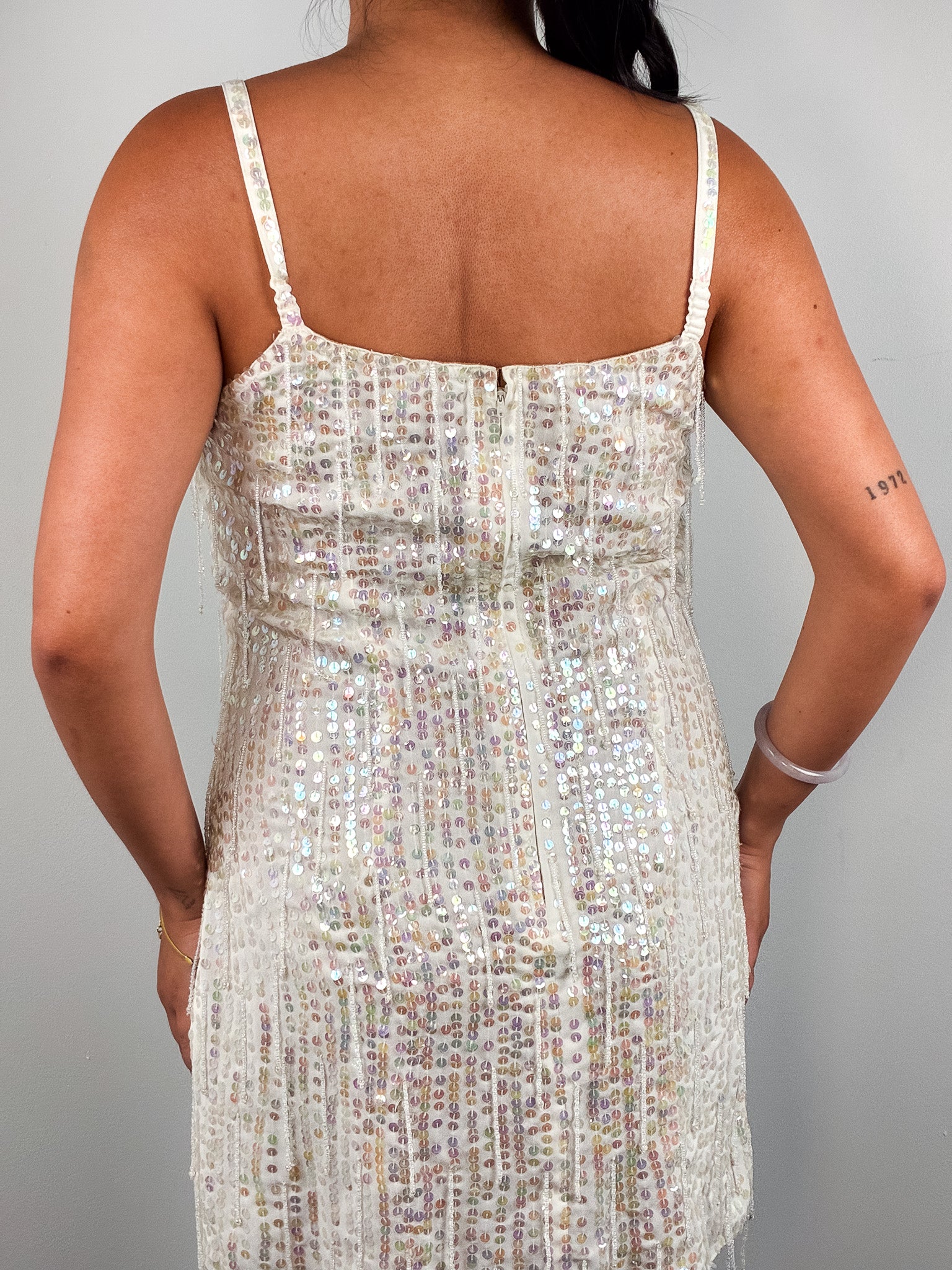 2000s Cream Sequin Beaded Fringe Mini Dress - M