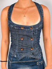 Miss Sixty 2000s Dark Wash Denim Snap Front Vest Top - XXS/XS