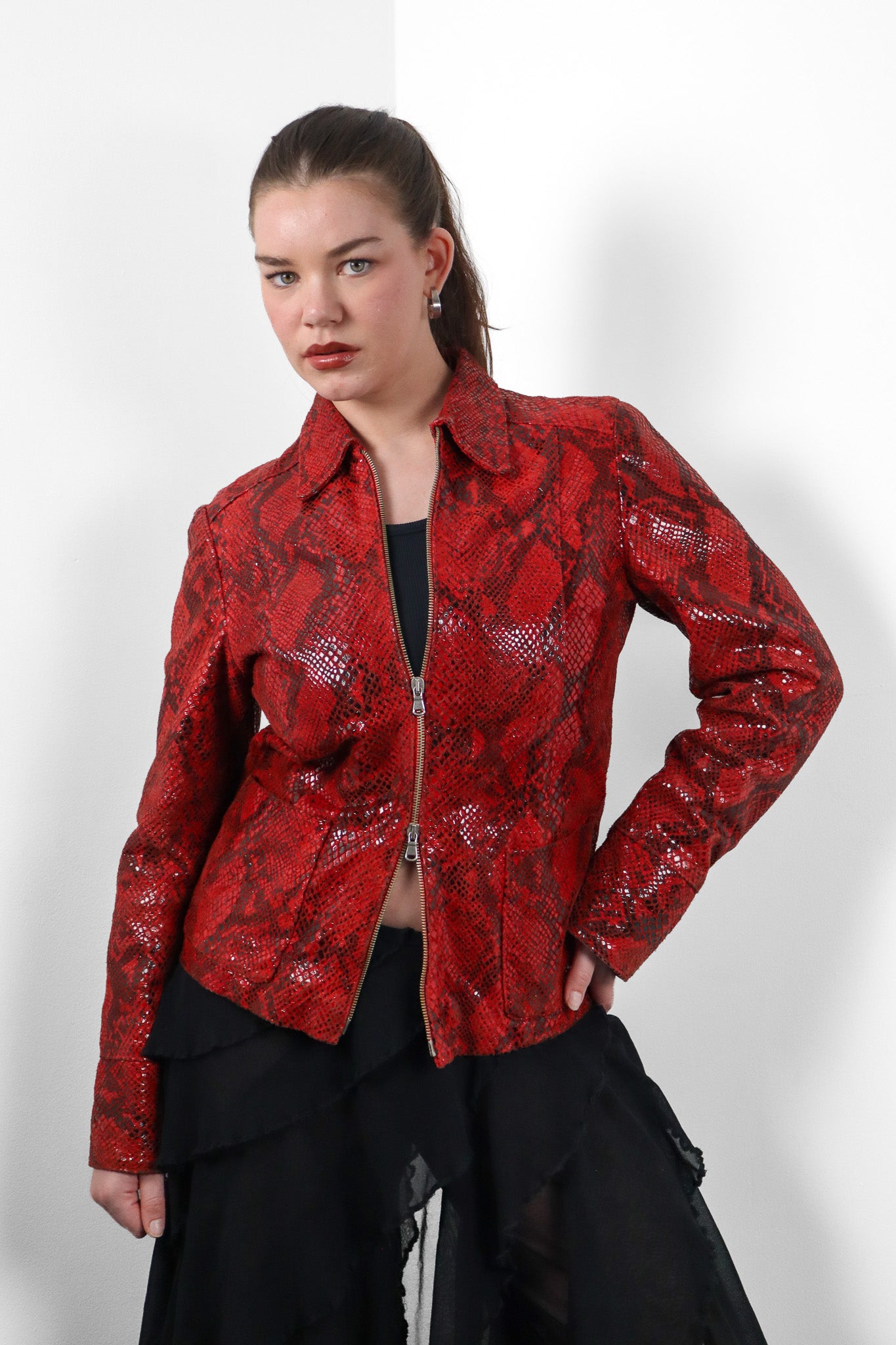 IX-OFF Jeans 2000s Red Python Embossed Leather Zip Jacket - M