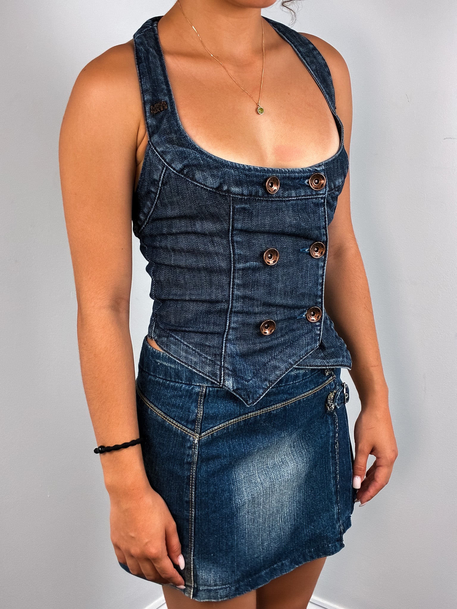 Miss Sixty 2000s Dark Wash Denim Snap Front Vest Top - XXS/XS