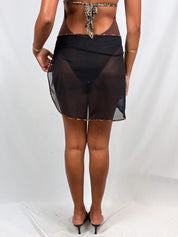 Cotton Club Mare 2000s Black Sheer Cheetah-Trim Wrap Skirt - S