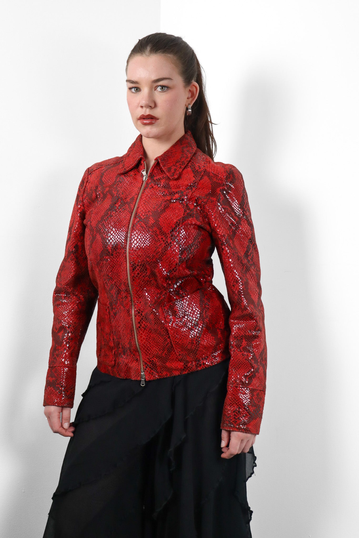IX-OFF Jeans 2000s Red Python Embossed Leather Zip Jacket - M