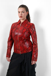 IX-OFF Jeans 2000s Red Python Embossed Leather Zip Jacket - M