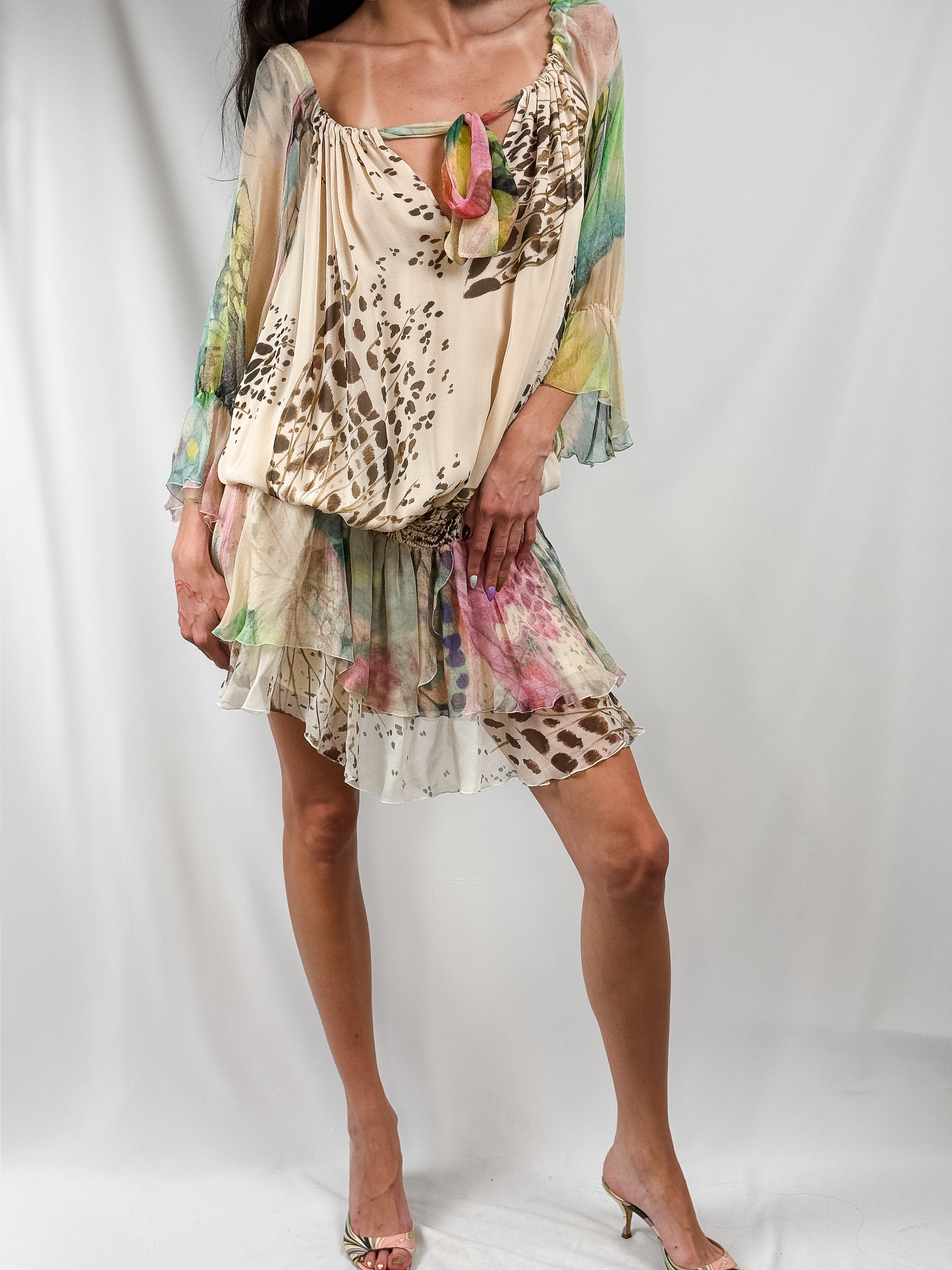 Blumarine 2011 Watercolor Animal Print Silk Chiffon Mini Dress - S/M