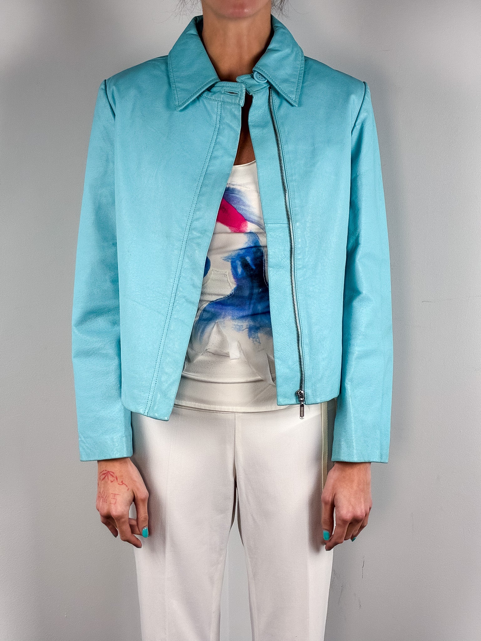 2000s Turquoise Leather Cropped Jacket - M