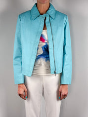 2000s Turquoise Leather Cropped Jacket - M