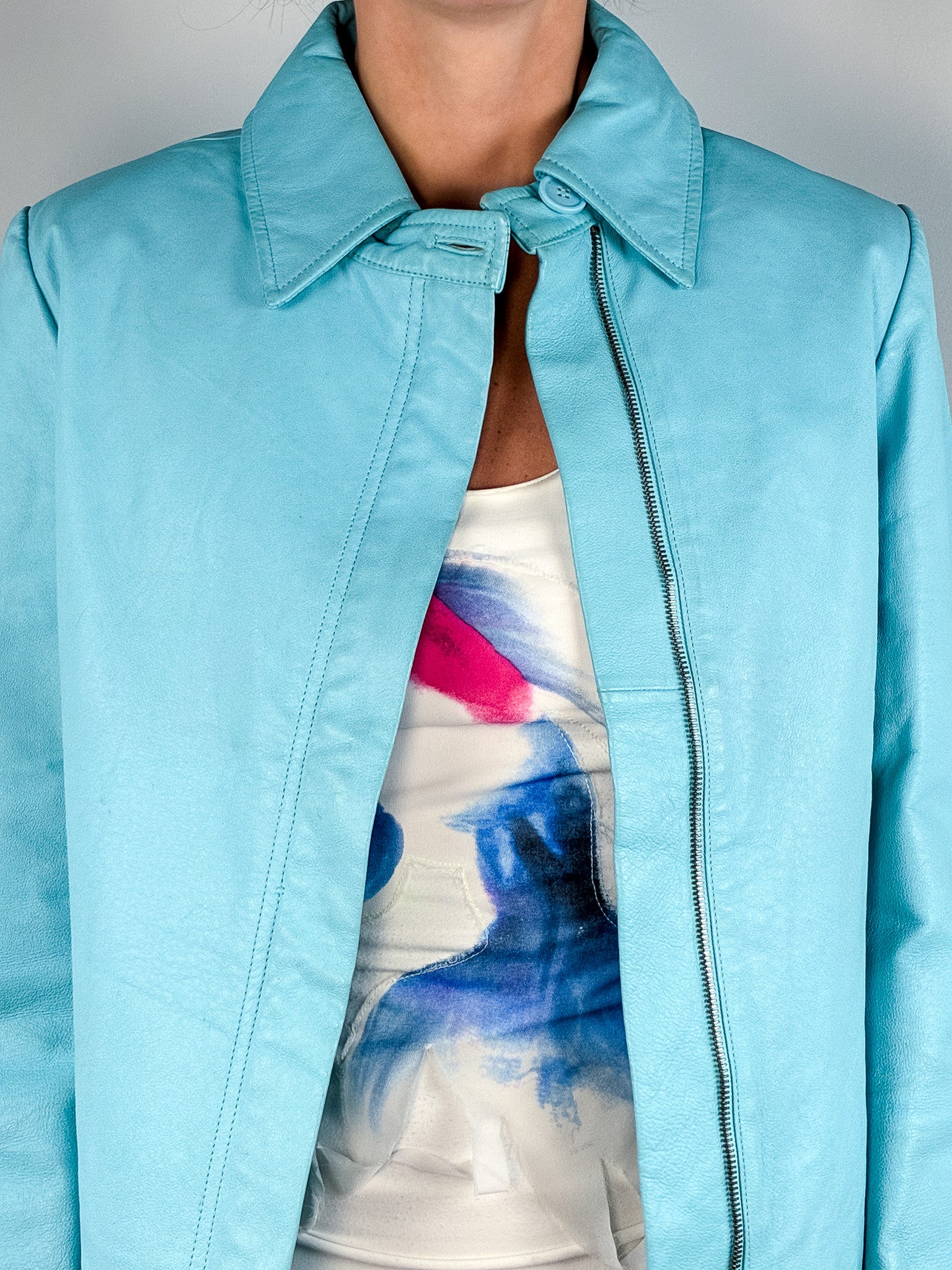 2000s Turquoise Leather Cropped Jacket - M