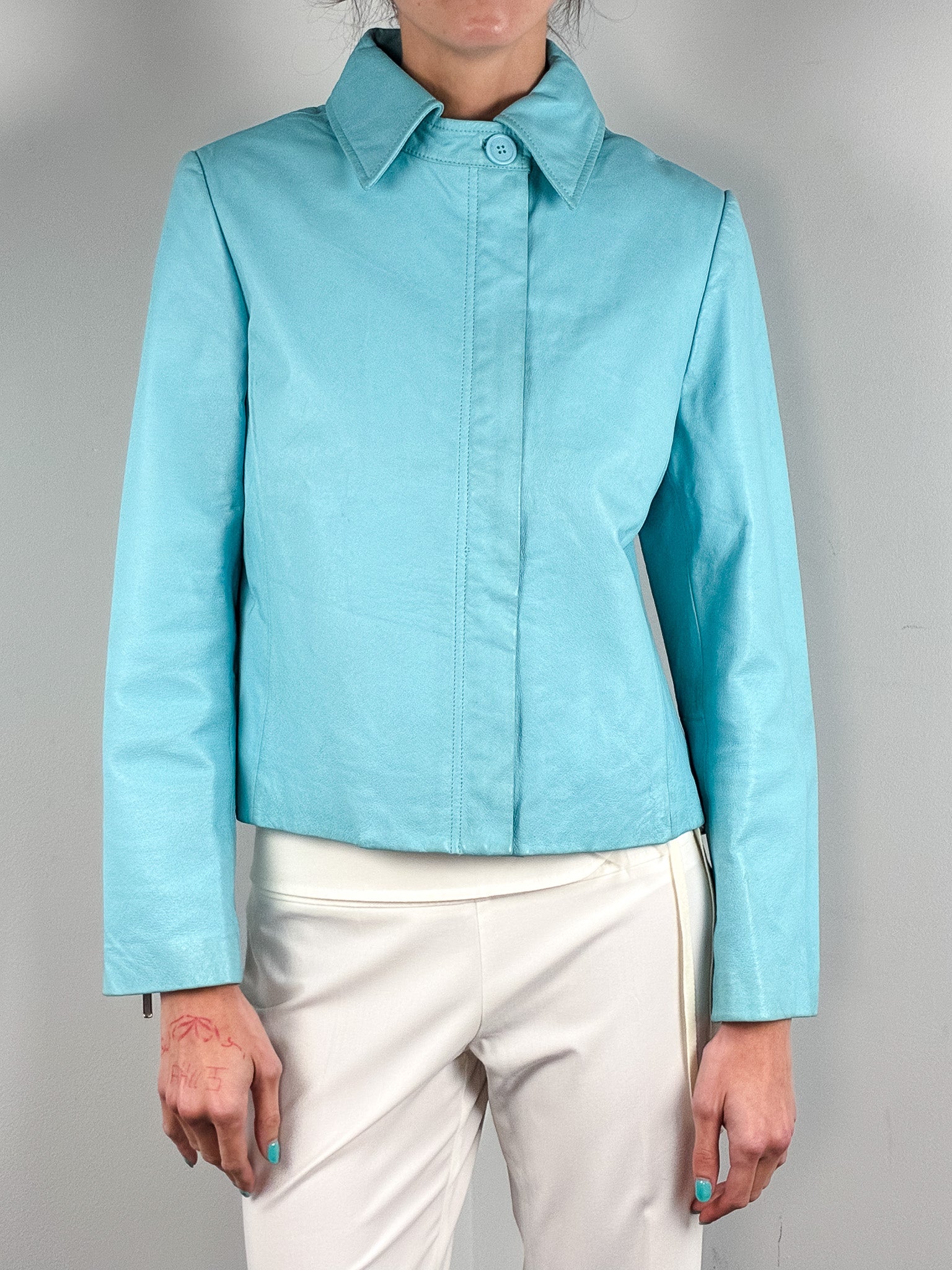 2000s Turquoise Leather Cropped Jacket - M