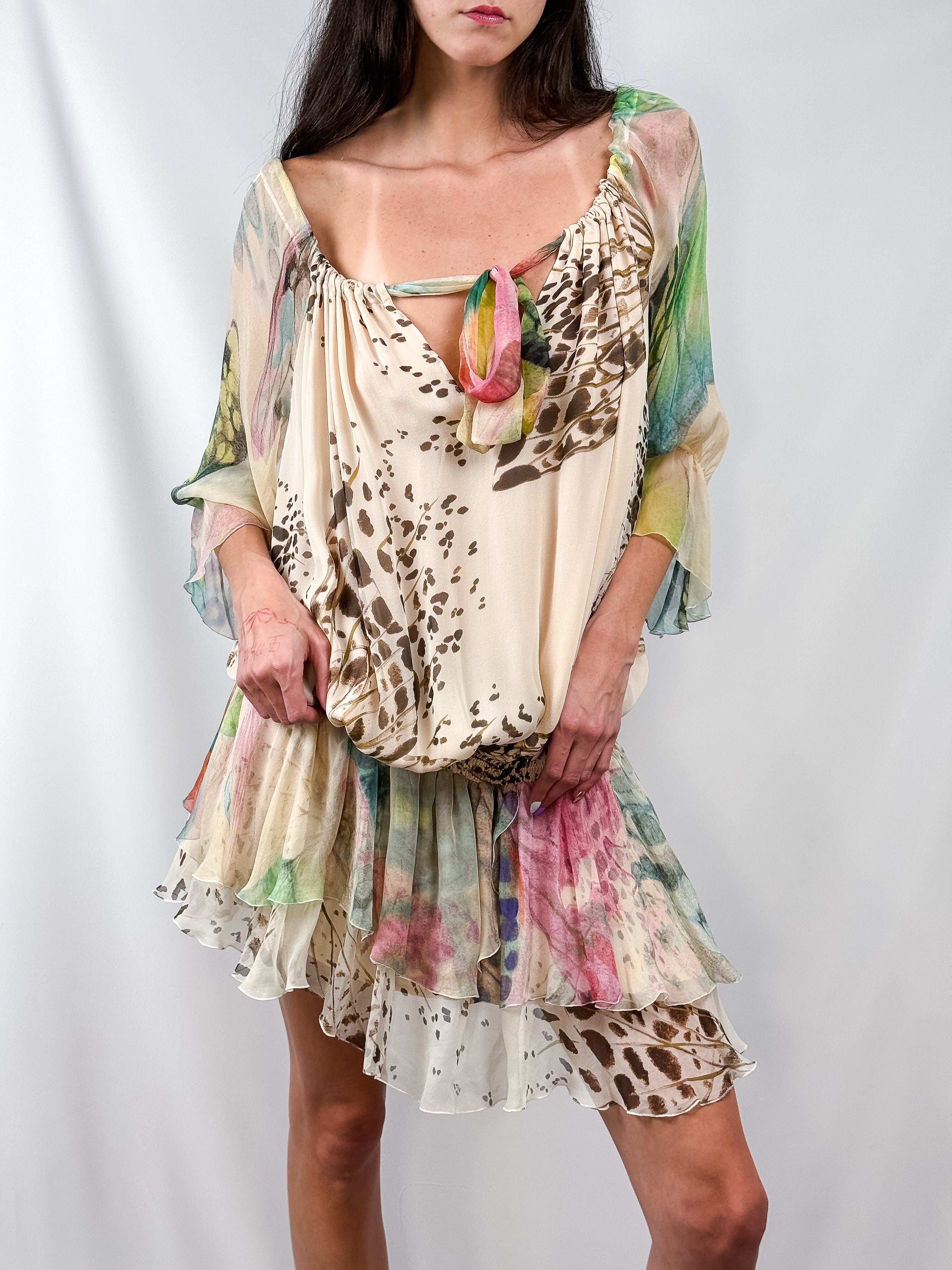 Blumarine 2011 Watercolor Animal Print Silk Chiffon Mini Dress - S/M