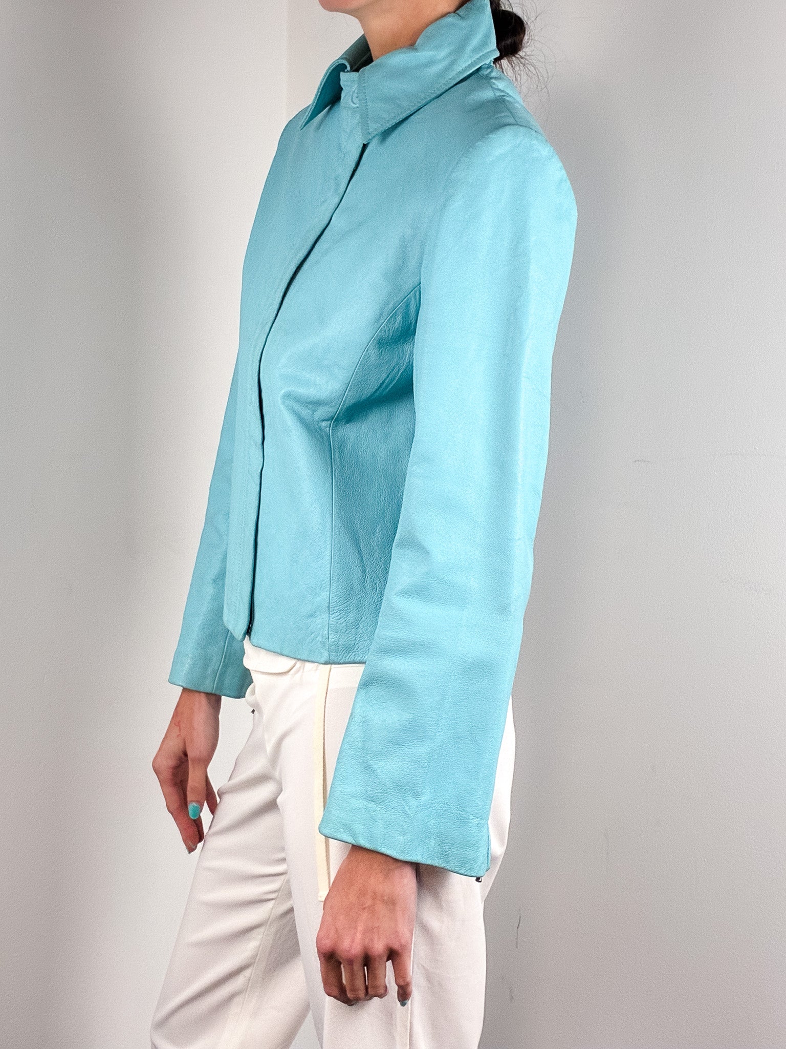 2000s Turquoise Leather Cropped Jacket - M