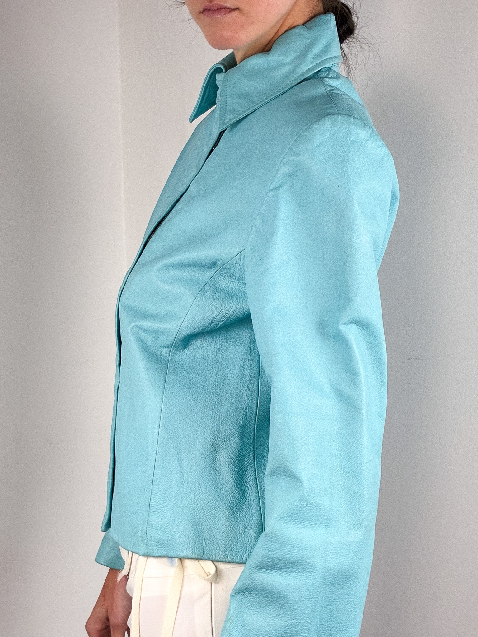 2000s Turquoise Leather Cropped Jacket - M