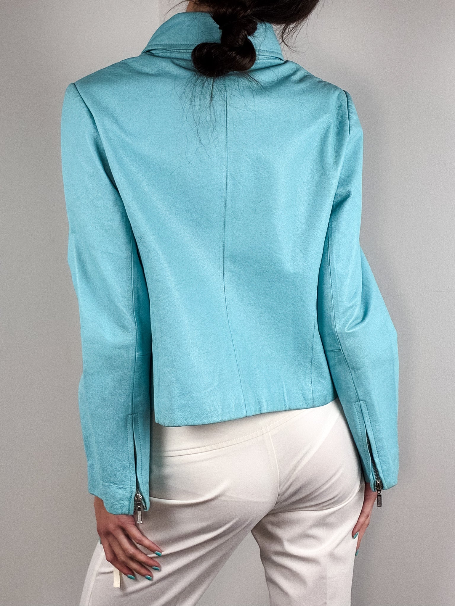 2000s Turquoise Leather Cropped Jacket - M