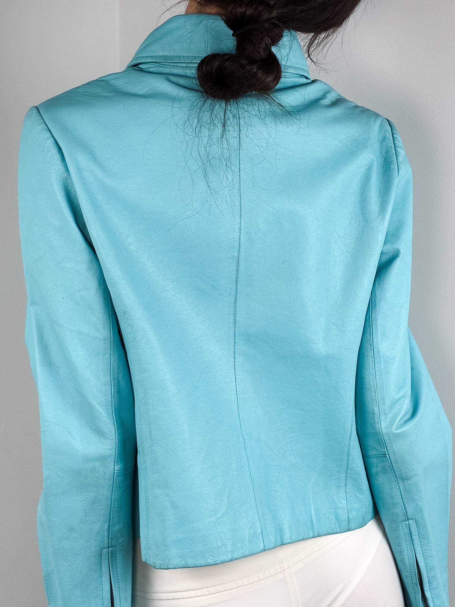 2000s Turquoise Leather Cropped Jacket - M