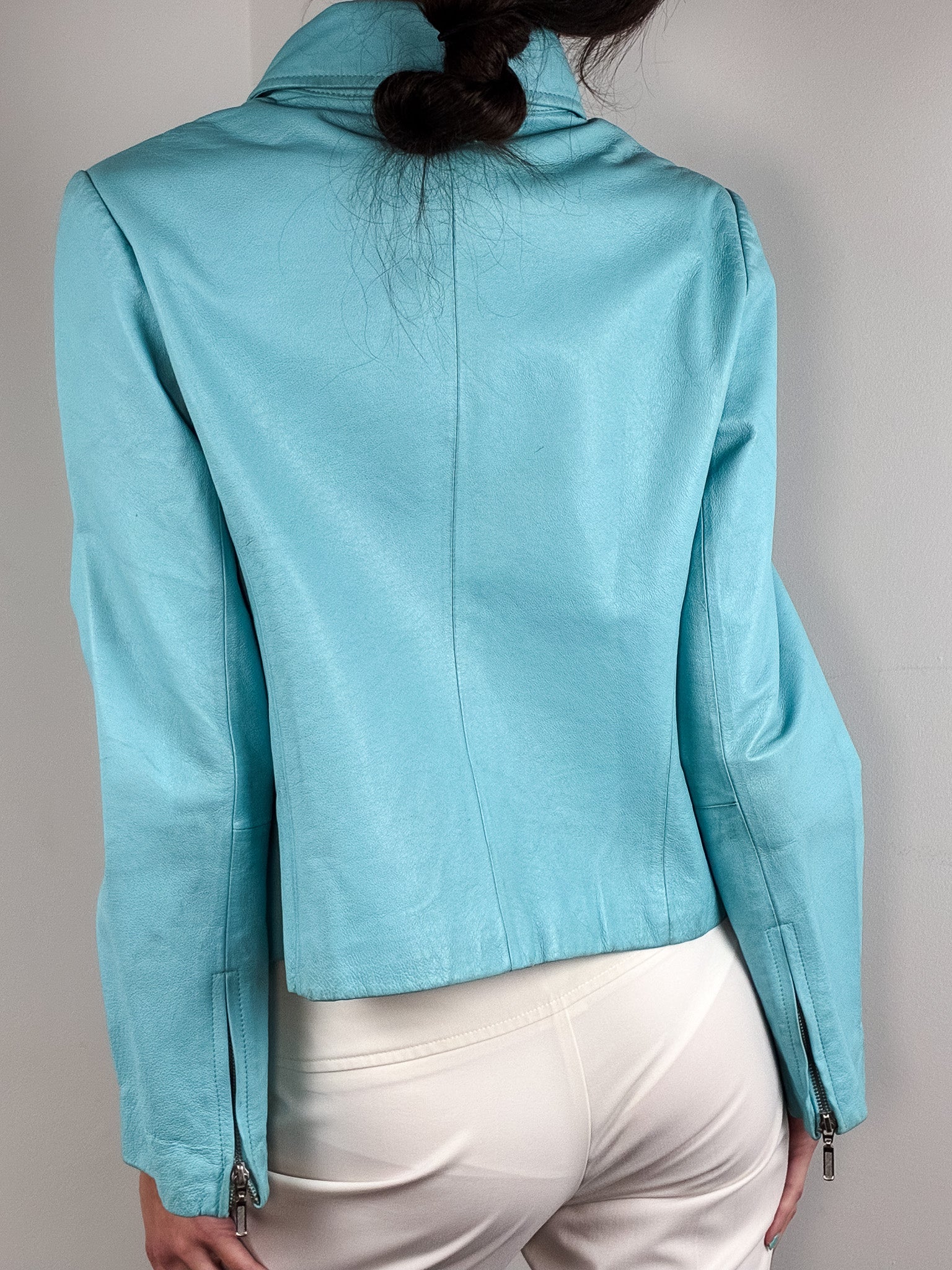 2000s Turquoise Leather Cropped Jacket - M