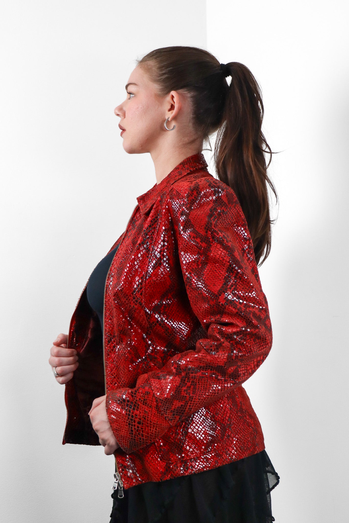 IX-OFF Jeans 2000s Red Python Embossed Leather Zip Jacket - M