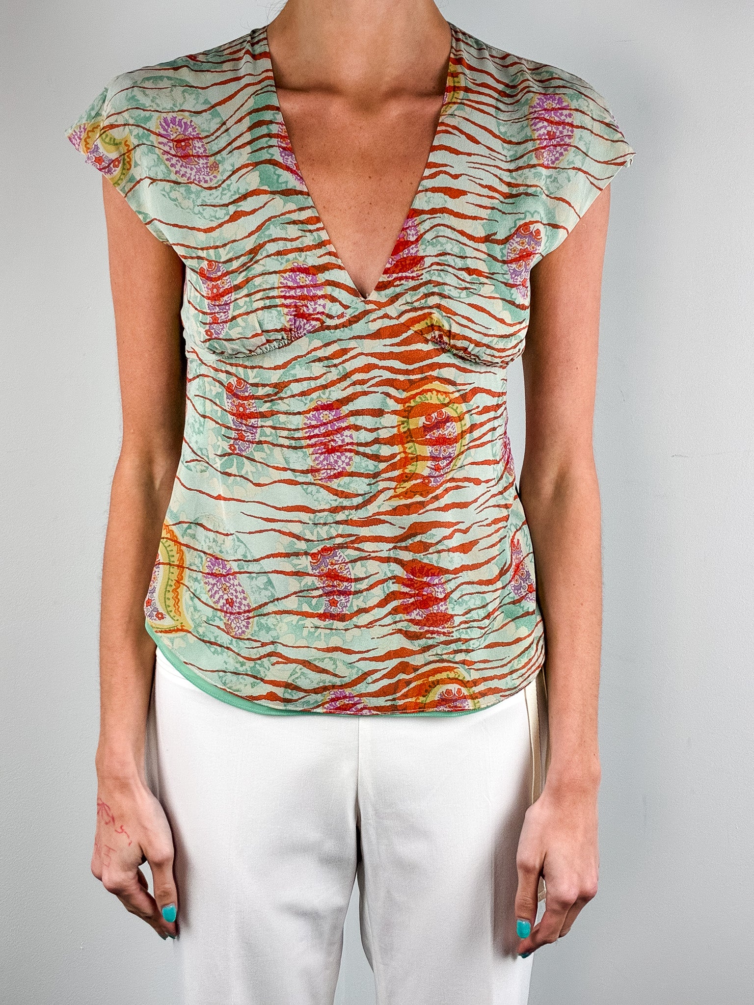 Emanuel Ungaro 2000s Mint and Rust Tiger Paisley Print Silk Top - XS