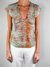 Emanuel Ungaro 2000s Mint and Rust Tiger Paisley Print Silk Top - XS