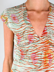 Emanuel Ungaro 2000s Mint and Rust Tiger Paisley Print Silk Top - XS