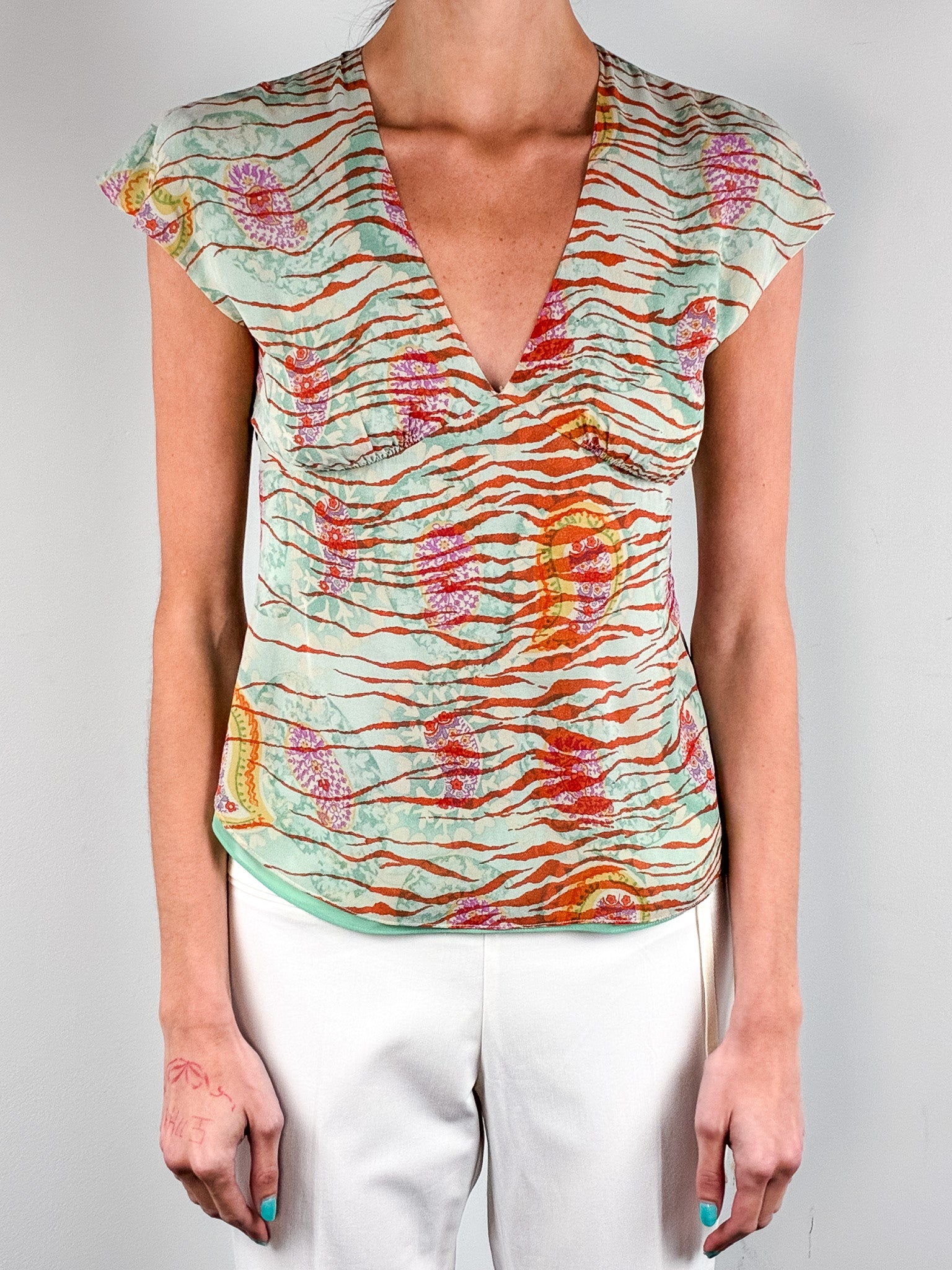 Emanuel Ungaro 2000s Mint and Rust Tiger Paisley Print Silk Top - XS