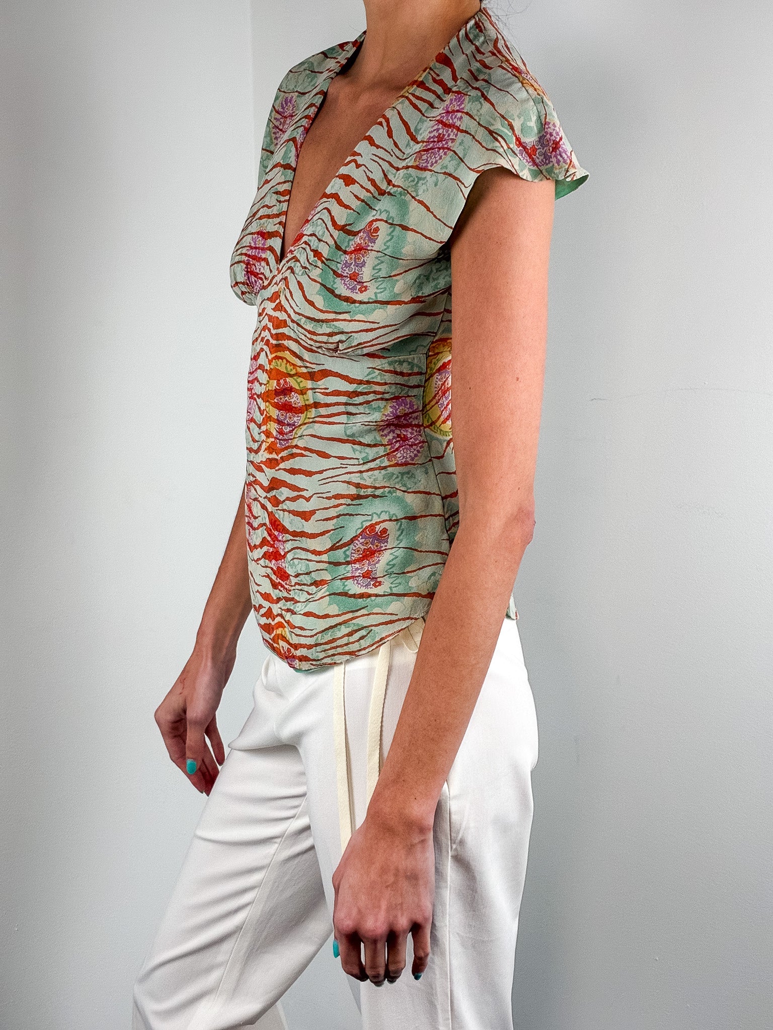 Emanuel Ungaro 2000s Mint and Rust Tiger Paisley Print Silk Top - XS