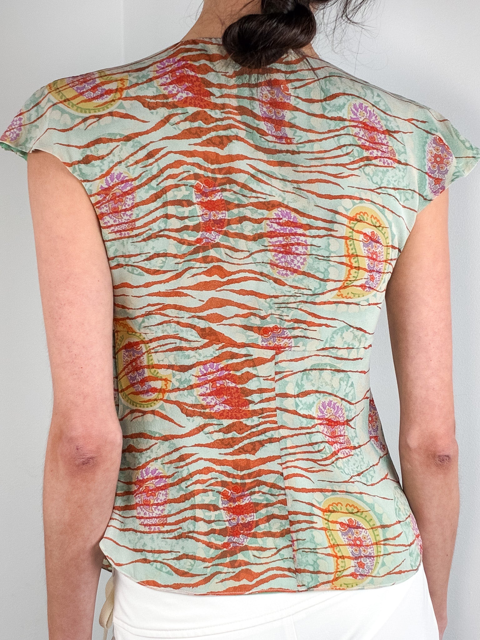 Emanuel Ungaro 2000s Mint and Rust Tiger Paisley Print Silk Top - XS