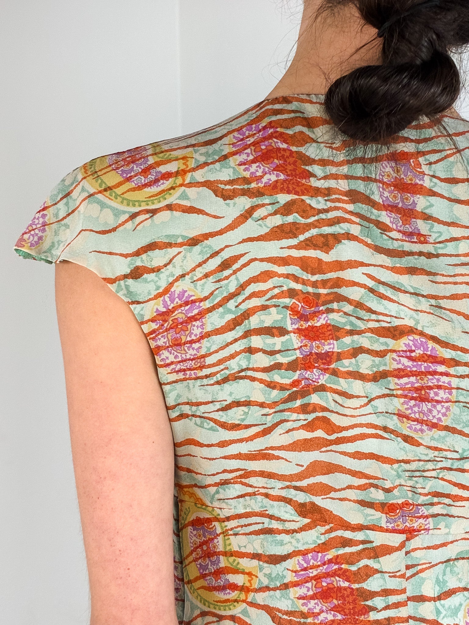 Emanuel Ungaro 2000s Mint and Rust Tiger Paisley Print Silk Top - XS