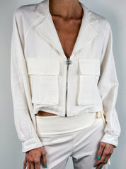 Rinascimento 2000s Cream Cropped Zip Utility Jacket - L/XL