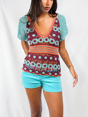 Moda International 2000s Multicolor Crochet Floral Top - XS/S