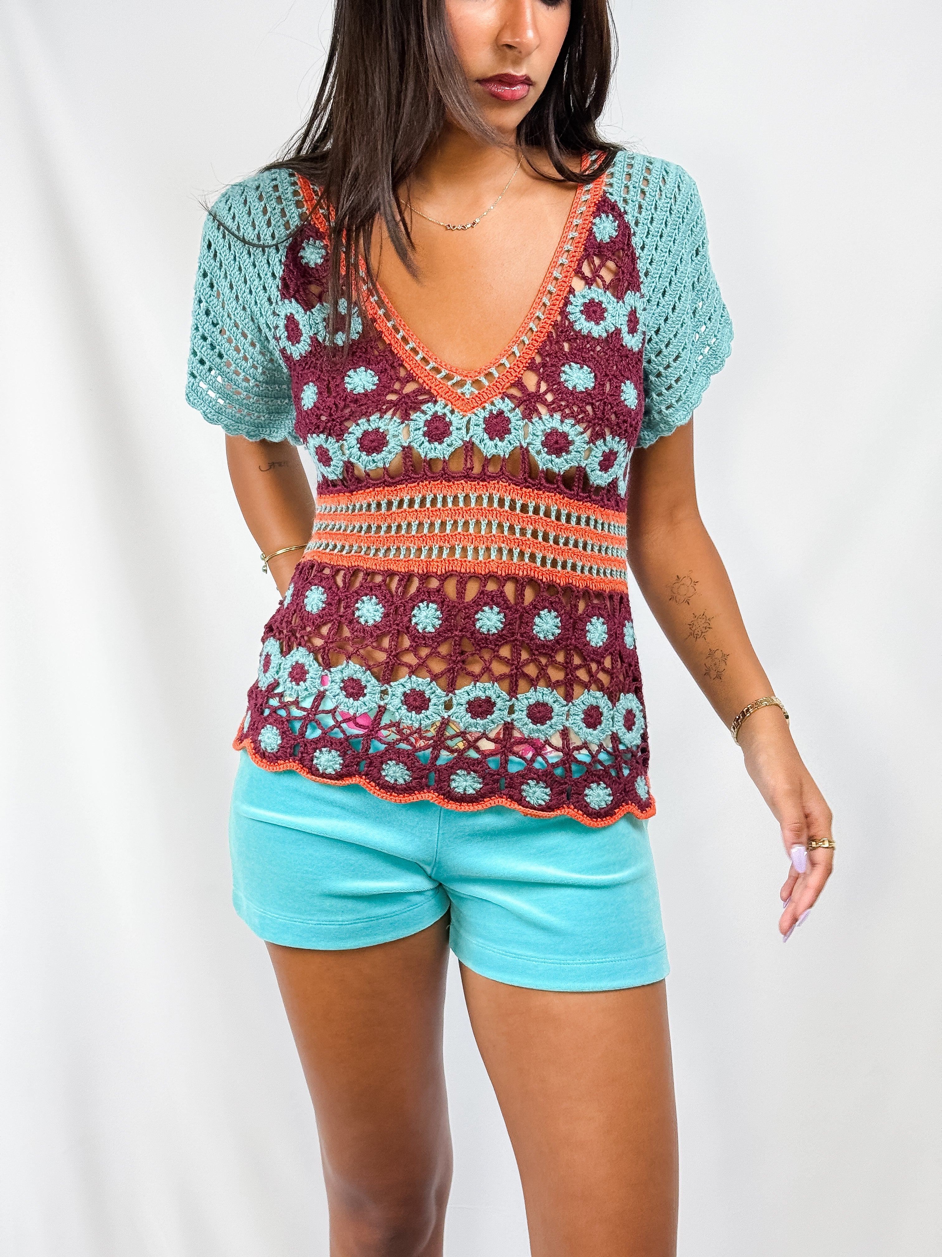 Moda International 2000s Multicolor Crochet Floral Top - XS/S