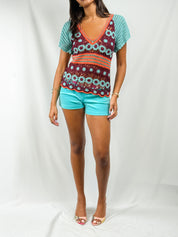 Moda International 2000s Multicolor Crochet Floral Top - XS/S