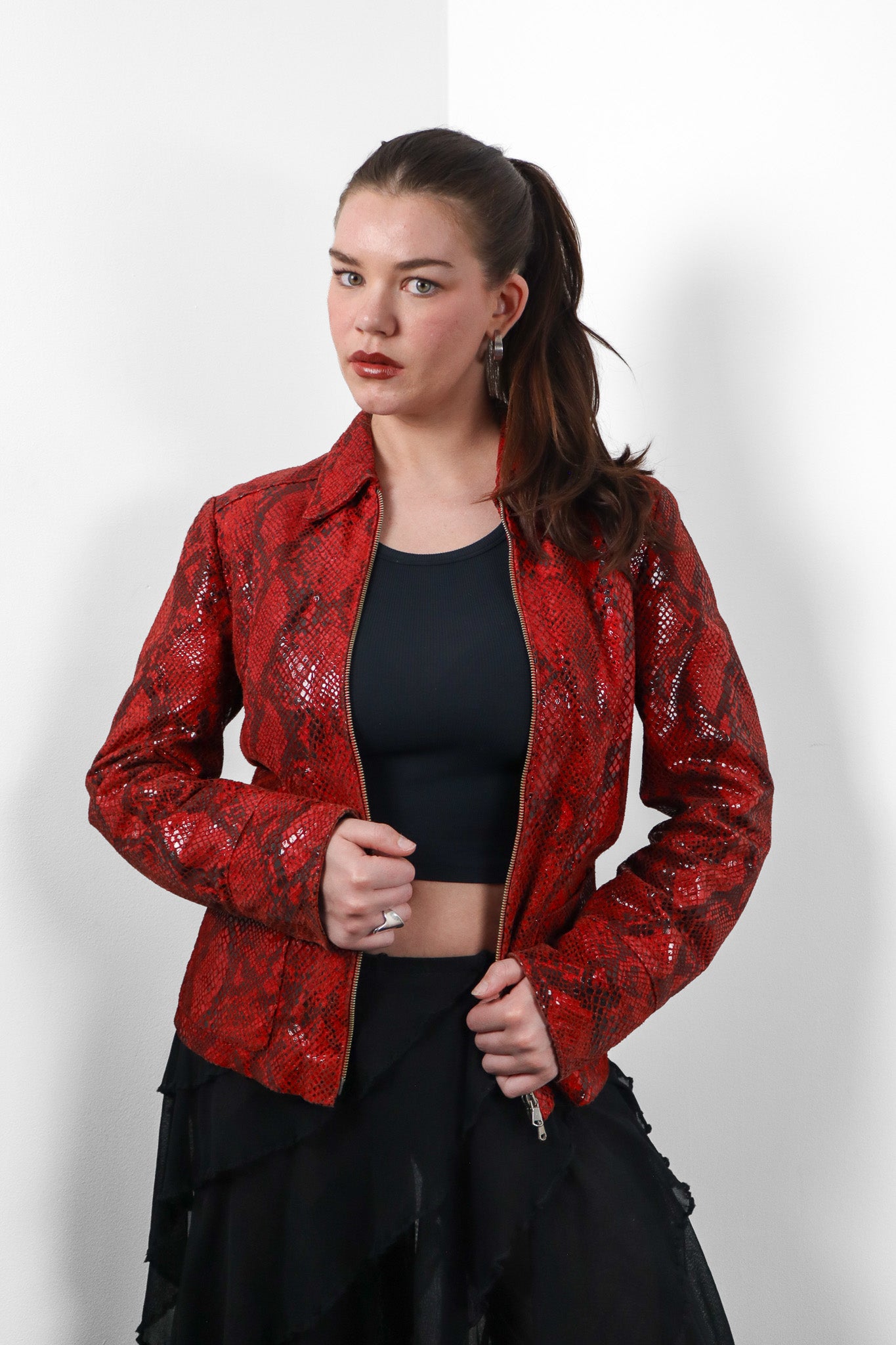 IX-OFF Jeans 2000s Red Python Embossed Leather Zip Jacket - M