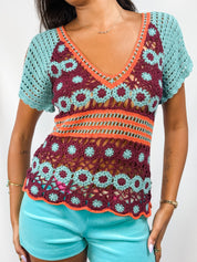 Moda International 2000s Multicolor Crochet Floral Top - XS/S