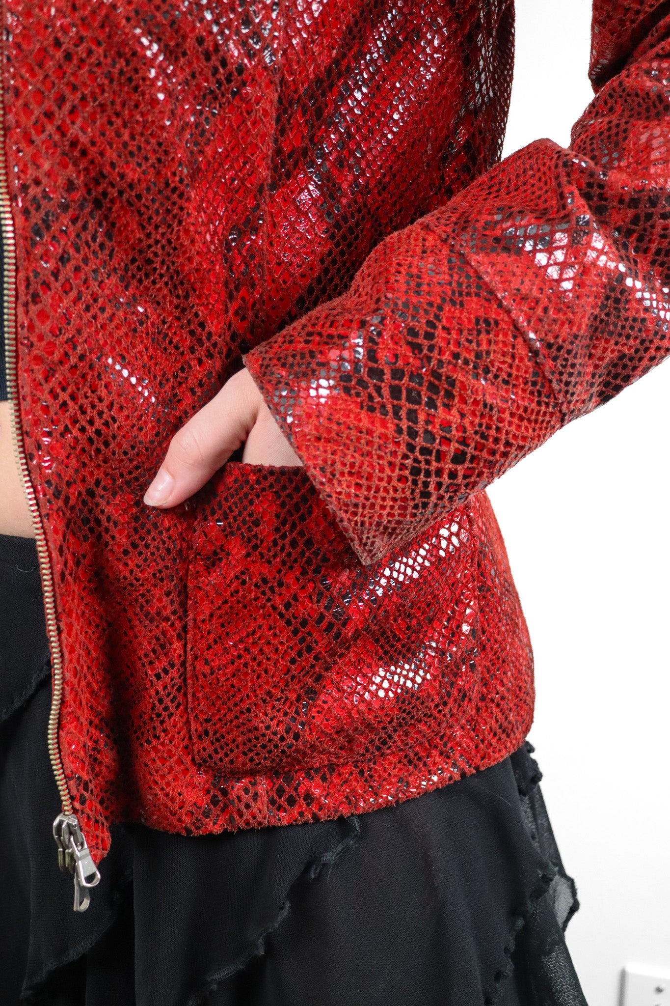 IX-OFF Jeans 2000s Red Python Embossed Leather Zip Jacket - M