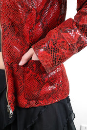 IX-OFF Jeans 2000s Red Python Embossed Leather Zip Jacket - M